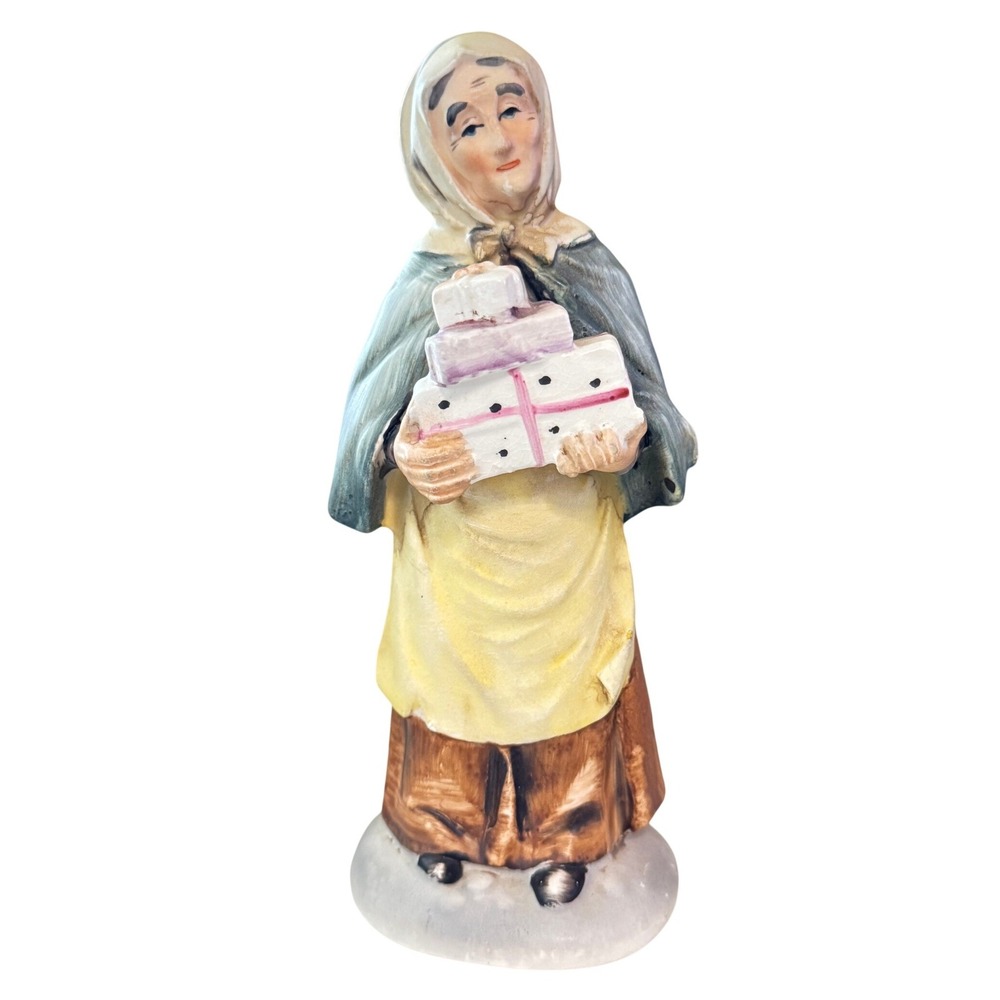 VTG Norleans‎ Figurine 7.5" Blue Yellow Old Woman Carrying Gifts Made in Japan
